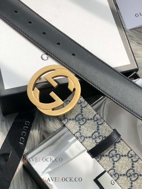 Gucci Leather Belt PVC Brown & Blue Monogram Gold Buckle